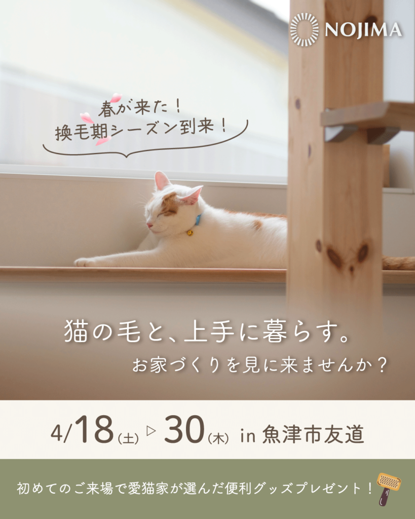 換毛期シーズン到来!「猫の毛と、上手に暮らす。」お家づくりを見に来ませんか?【魚津市友道】