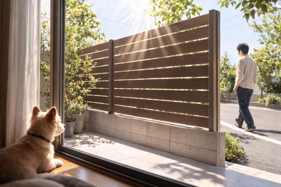 窓とフェンスの配置の工夫で、犬は人の目線が気になりません