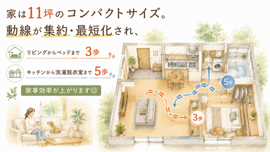 ①コンパクトな11坪の平屋 コンパクトだからこそ、動線が集約・最短化され、リビングからベッドまで3歩、キッチンから洗濯脱衣室まで5歩、家事効率が上がります◎