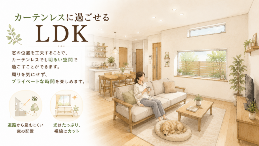 ②カーテンレスに過ごせるLDK 窓の位置を工夫することによって、カーテンレスでも明るい空間で過ごすことができます。周りを気にせずにプライベートな時間を楽しめます
