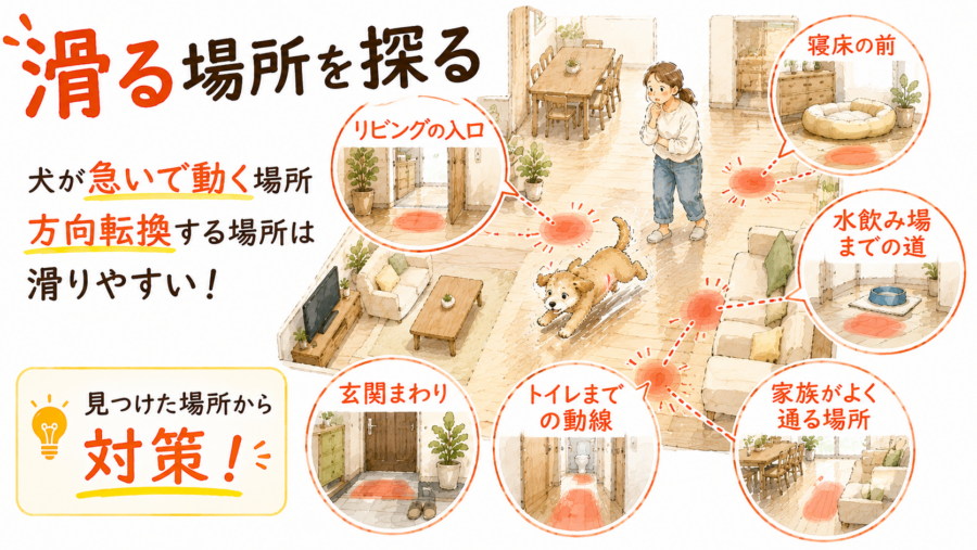 犬が床で滑る場所を探って解決策を探す