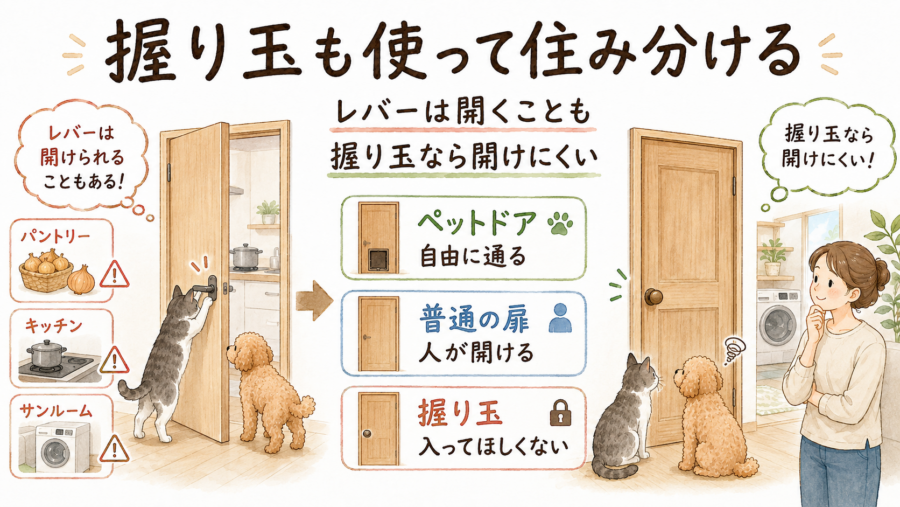 ドアそのものを開けにくくする工夫で、住み分けることも間取りとして有効です。