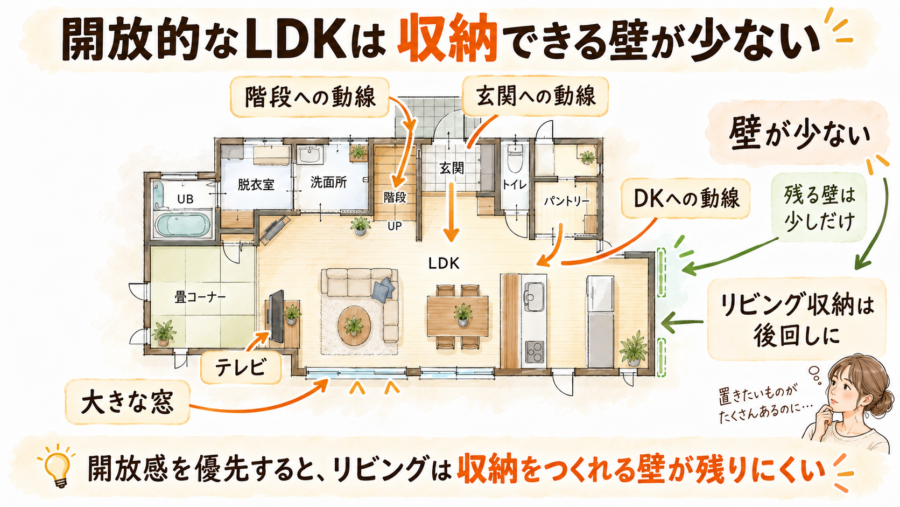 リビングに収納が少ないのは、他の重要な収納から考えらられるのと、動線が多いから。
