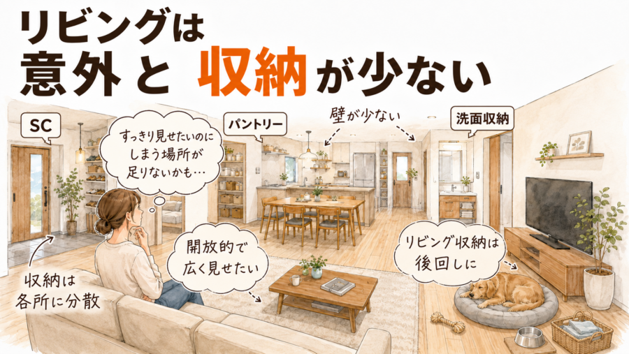 リビングは生活動線が多く、しかも壁面が少ないため、収納不足になりやすい空間です。