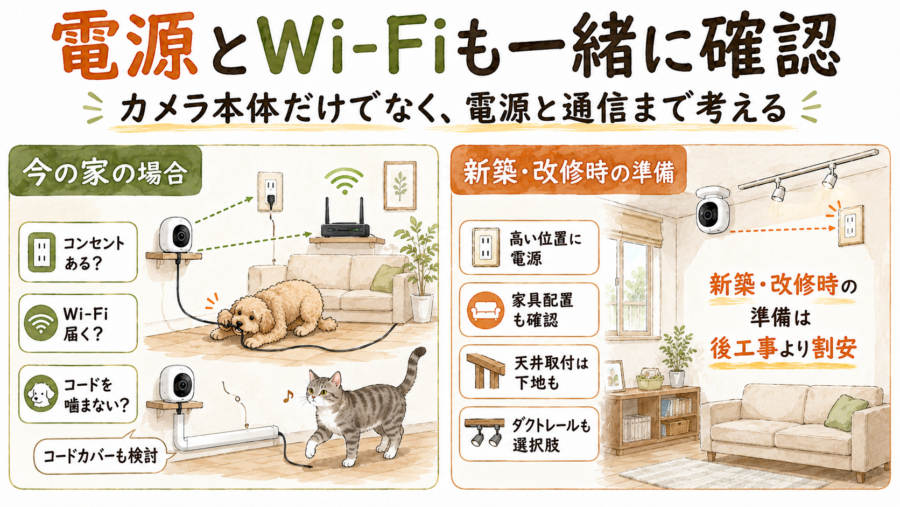 電池式もいいかもしれませんが、見たいときに見れないとストレスになります。電源やWi-Fiの状況は確認したいところです。