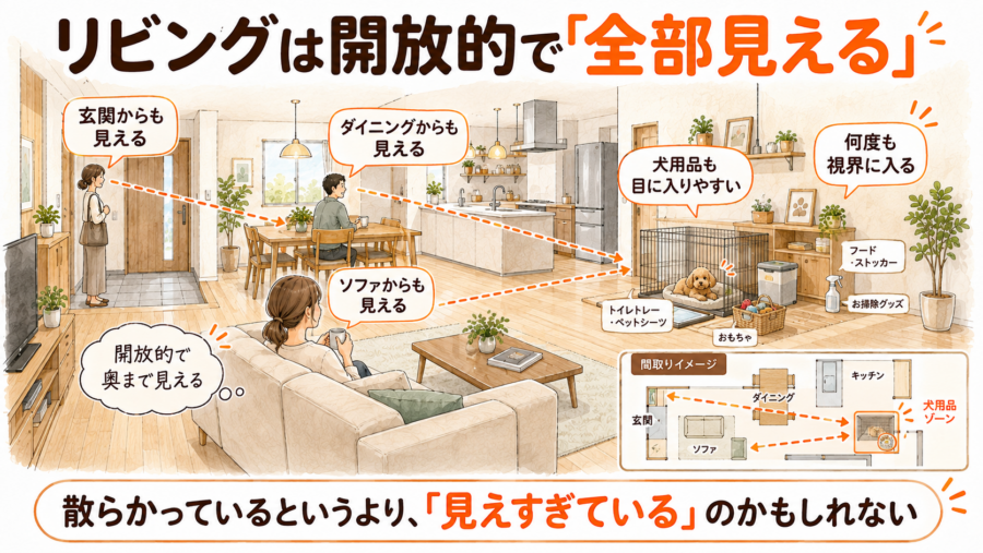 リビングは開放的な空間です。しかしそのせいで、犬用品が目立ちやすい空間になりがちです。