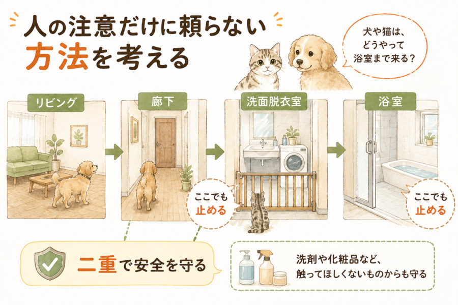 浴室まで犬や猫をすみ分けることができれば、溺水事故は減ります。