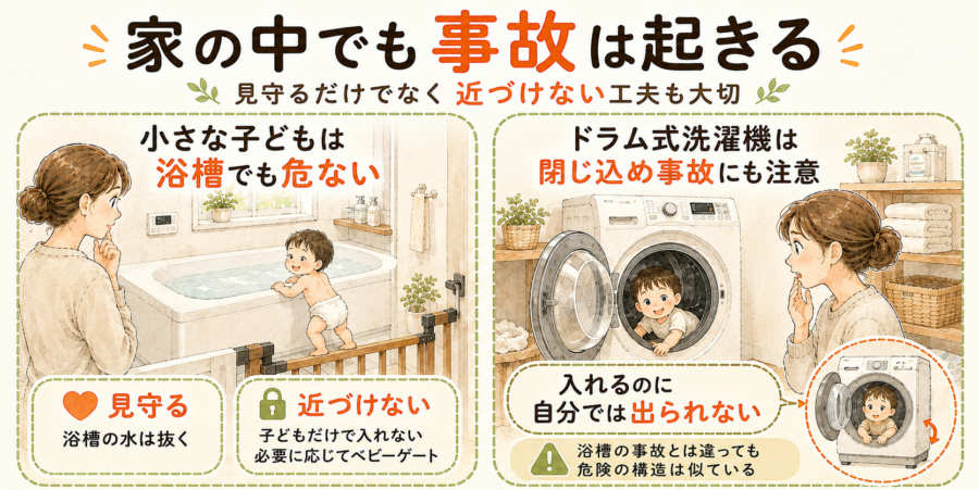 家の中でも子供や赤ちゃんは浴槽や斜めドラム洗濯機で事故によりケガや命を落とすことがあります。