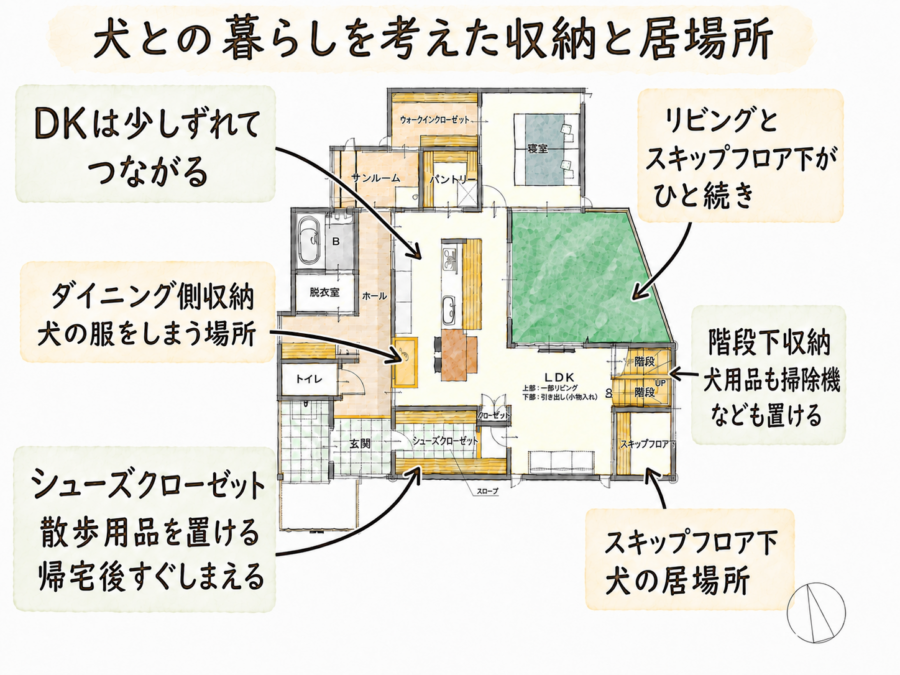 犬との暮らしは収納だけではありません。散歩や人のストレスまで考えた間取りが必要な場合もあります。