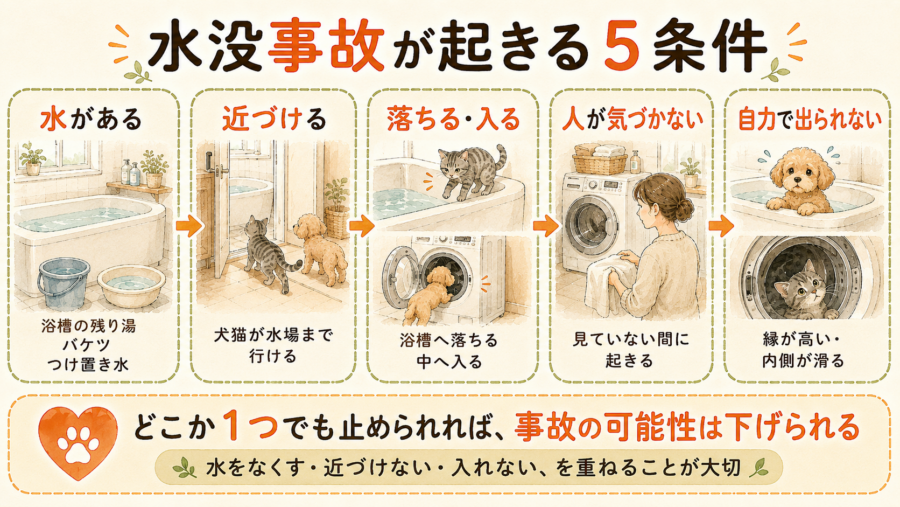 水没事故や溺水事故は５つの条件全てが重ならない限り、発生しにくいものになります。
