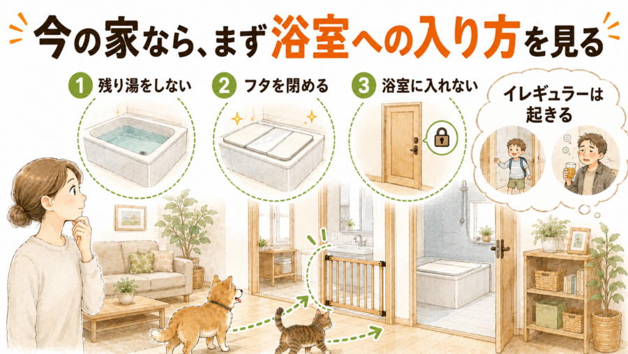 犬や猫を溺水事故から守ることは簡単です。浴室にカギをかけたり、ふたを閉めるだけです。