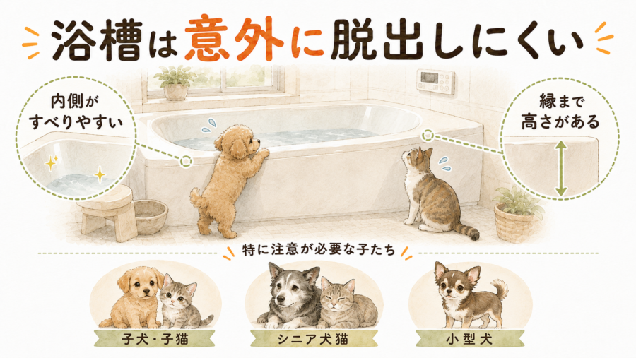 犬や猫にとって浴槽のヘリは高く、上りにくいため溺水事故につながりやすくなります