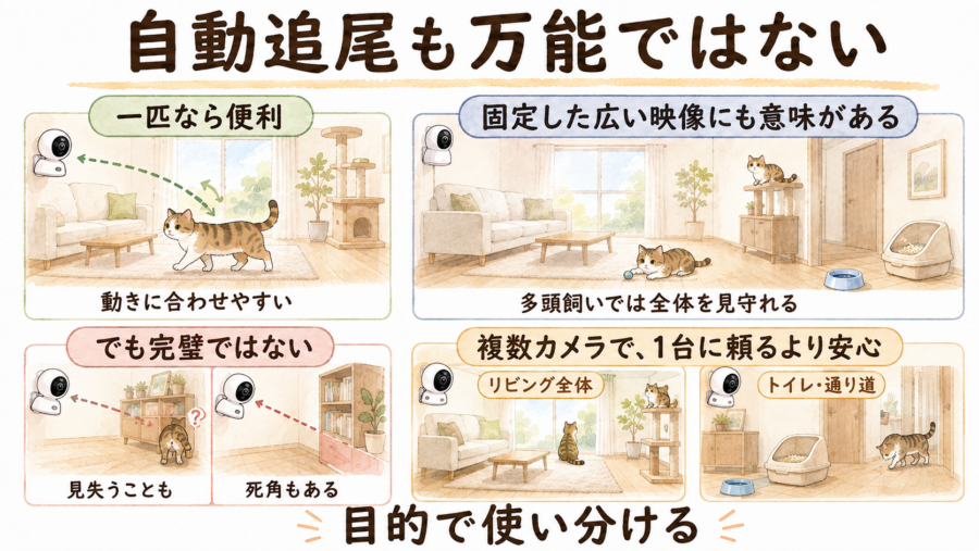 ペットカメラの自動追尾は便利ですが、固定カメラにも意味があるため、その特徴をよく知って選ぶことが重要だと思います。