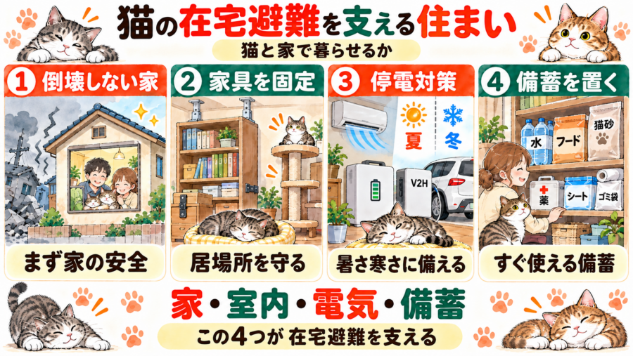 猫の在宅避難に必要なものは４つ。これらをできる限り多く準備しておきたい。