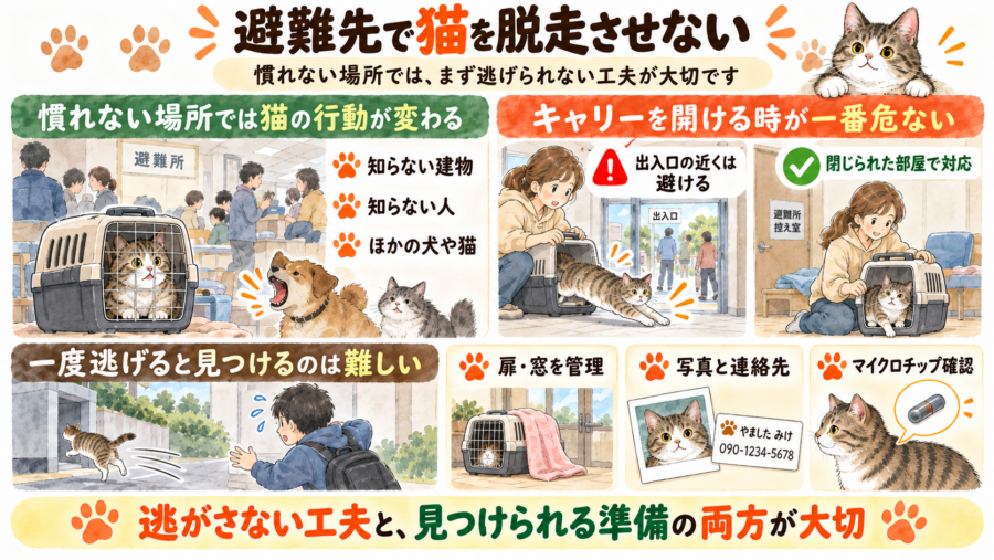 猫が避難所から脱走しないようにすることと、脱走しても見つけやすいようにすることが大事。
