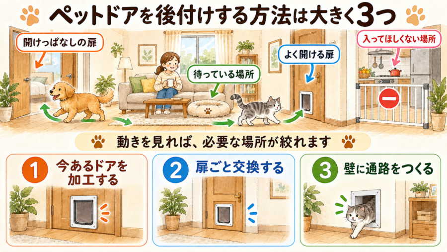 ペットドアを後付けする方法は3つ。具体的な例を解説していきます。