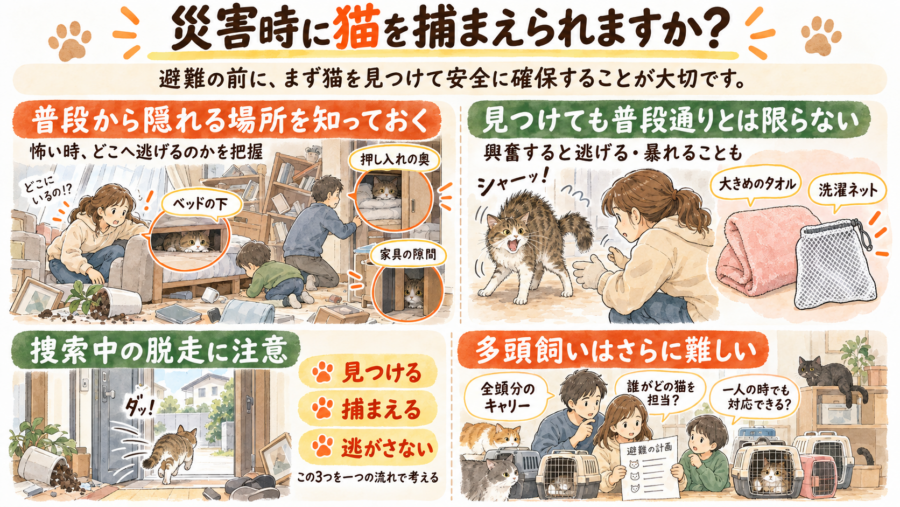 災害時に興奮する猫を捕まえるのは困難を極めます。 
