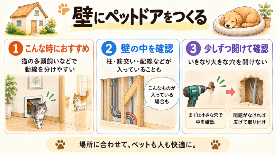 壁にペットドアは意外かもしれませんが、意外にいい解決策になる場合もあります。