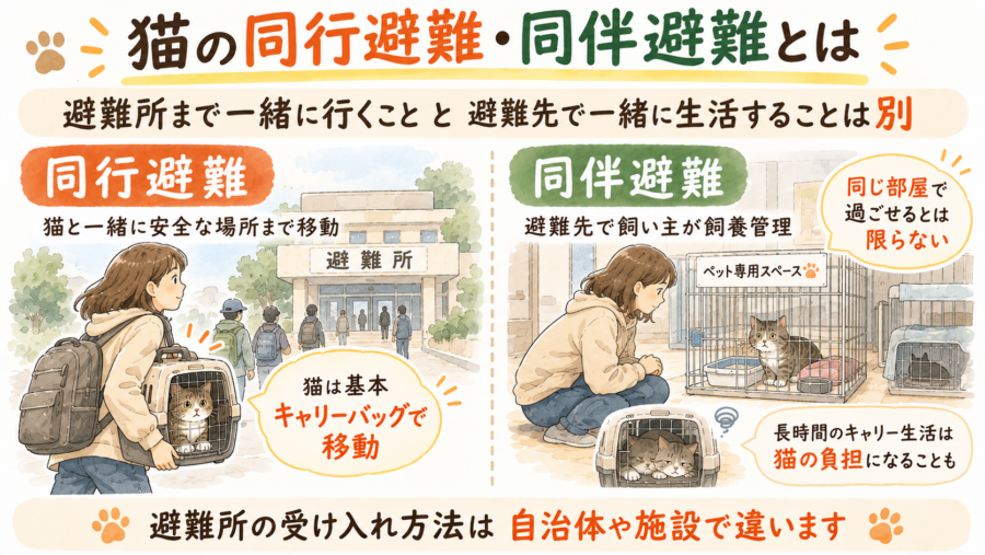 猫の同行避難と同伴避難は全く別物です。 