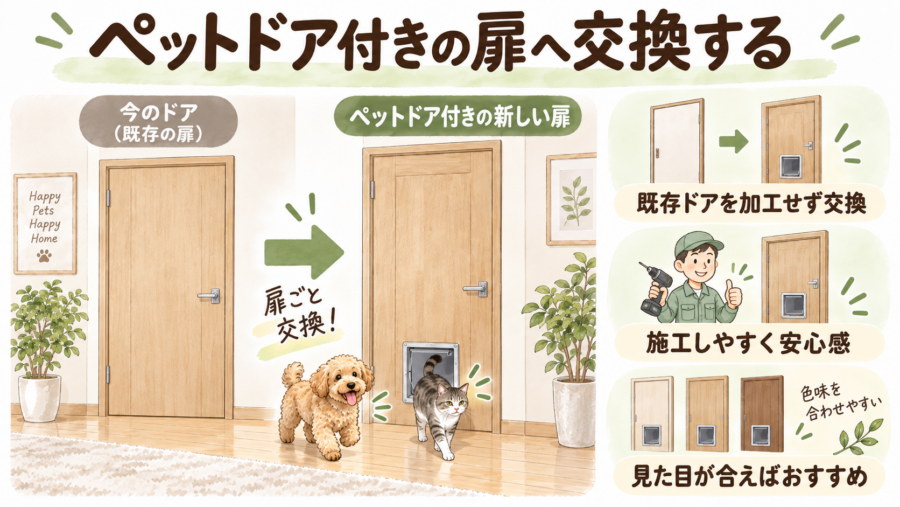 今ある建具を外し、ペットドア付きの建具に交換する方が、間違いは少ないです。