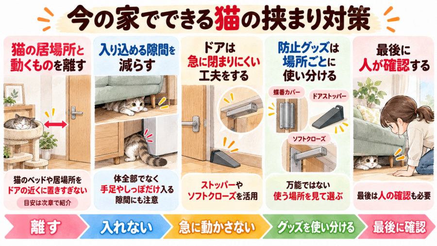 今の家でもできる、猫の挟まりを防ぐ5つの対策方法です。