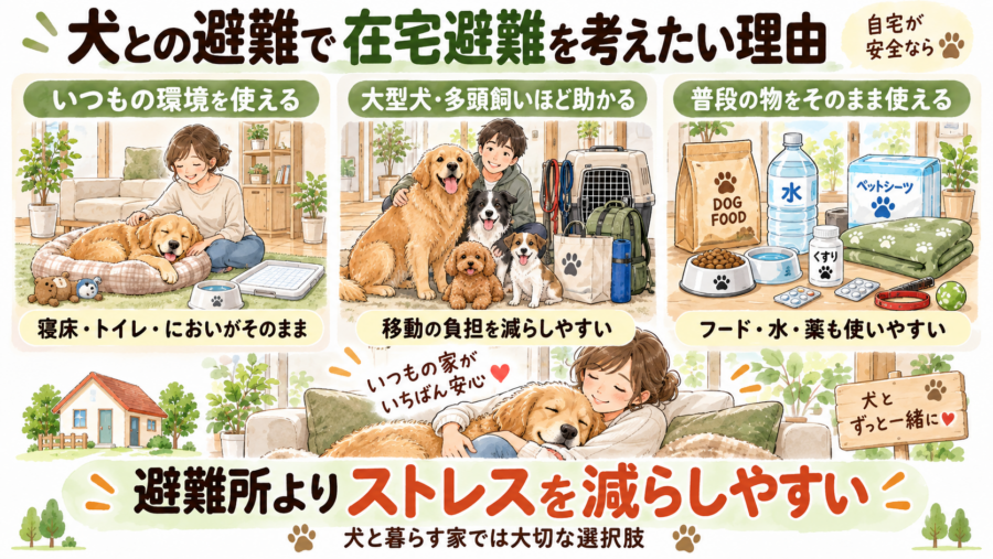 犬との雛所は大変です。在宅避難をお勧めします。