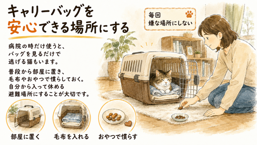 キャリーバックを日常から慣れさせることが、猫の場合は重要です。