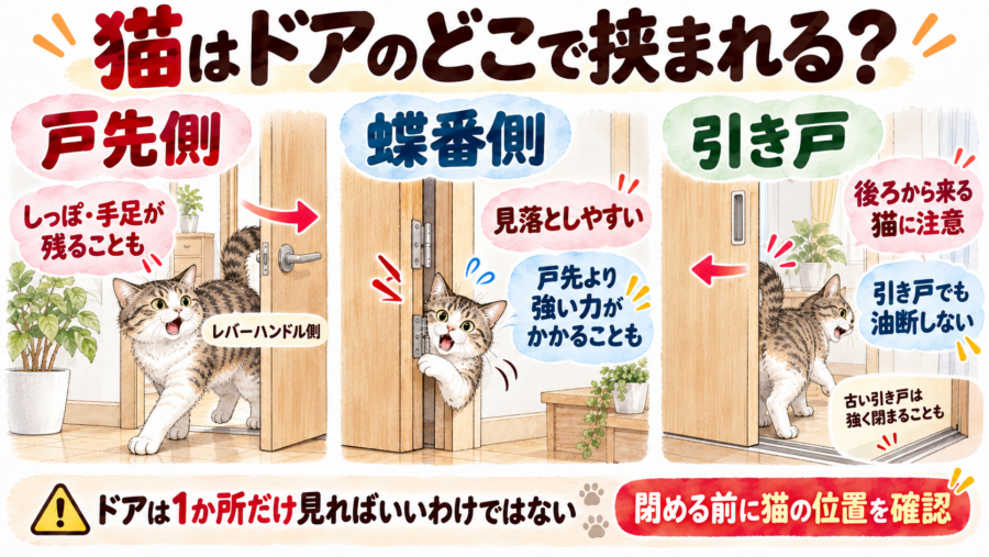 猫はドアのどこに挟まれやすいか知ることが、対策前に必要なことです。