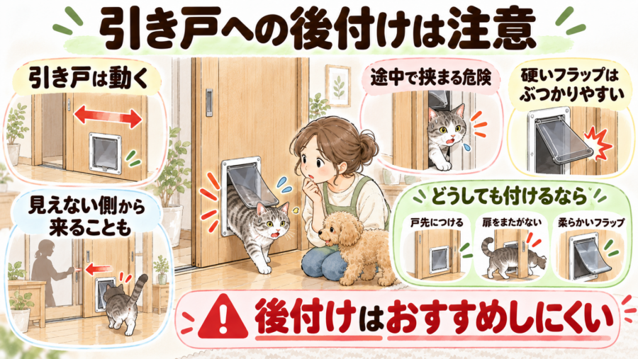 引き戸にペットドアを付けると犬や猫の体が挟まり、大事故になる可能性があります。